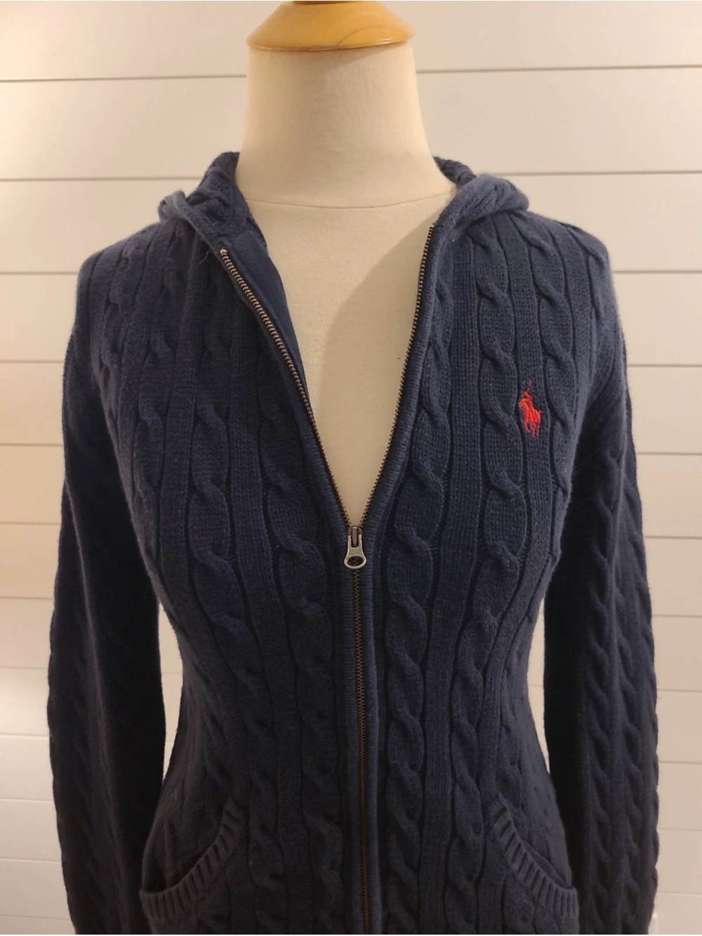 Ralph Lauren Navy Cable-Knit Hooded Zip Cardigan with Red Pony